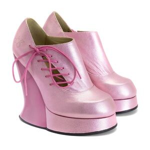 NEW John Fluevog Ultra Vog Metallic Pink Platform Lace Up High Heel Shoes US 7